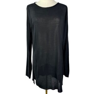Eileen Fisher‎ Black Sheer Long Sleeve Tunic Sweater Side Slits Lightweight Knit